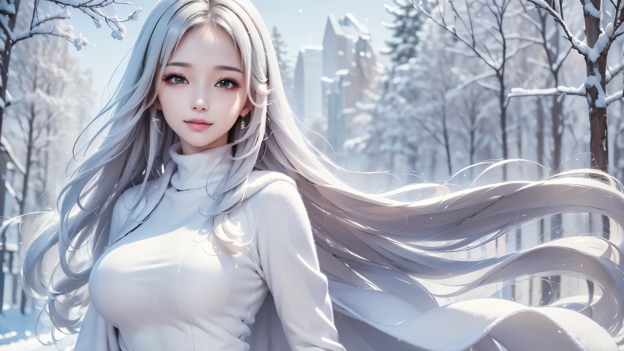 2.8D illustration, ((masterpiece:1.5、8k、Portraiture、Photorealistic and very detailed CG、Very detailed、Particle Effects、Dynamic Effects、Shallow depth of field、Cinematic Light、Lens flare、Ray Tracing、Tabletop、Realistic:1.4、Ultra-high resolution:1.2、Realistic、Realistic))((alone、,A woman wearing a cashmere coat:1.4、Elegant woman posing、Detailed face、brightexpression、young, bright, Whiter skin、Ample breasts、Best Looks、Ultimate beauty、Shiny silver hair with highlights、bright and shiny hair,、Super long, Silky straight hair、Hair dancing in the wind))(morning、The setting is outdoors in the snow、Surrounded by illuminations). winter girl. face:sweet girl.
