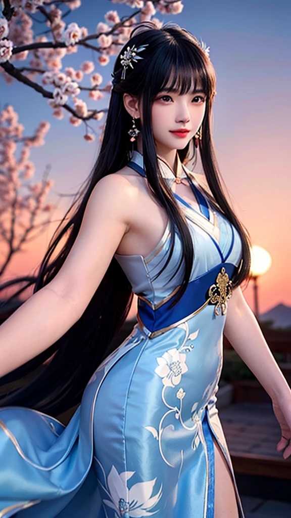 best quality, masterpiece, ultra high resolution, lifelike, (Panorama:1.5), (1 girl),(long hair),(hair accessories:1.4),There is an ancient palace next to the girl,Chinese Hanfu clothes,Black stockings sharp focus, Good shape, whole body，Random pose reference, Single eyelid eyes, high nose bridge、Pointed nose, V-shaped face, pale skin, Smile, Bokeh