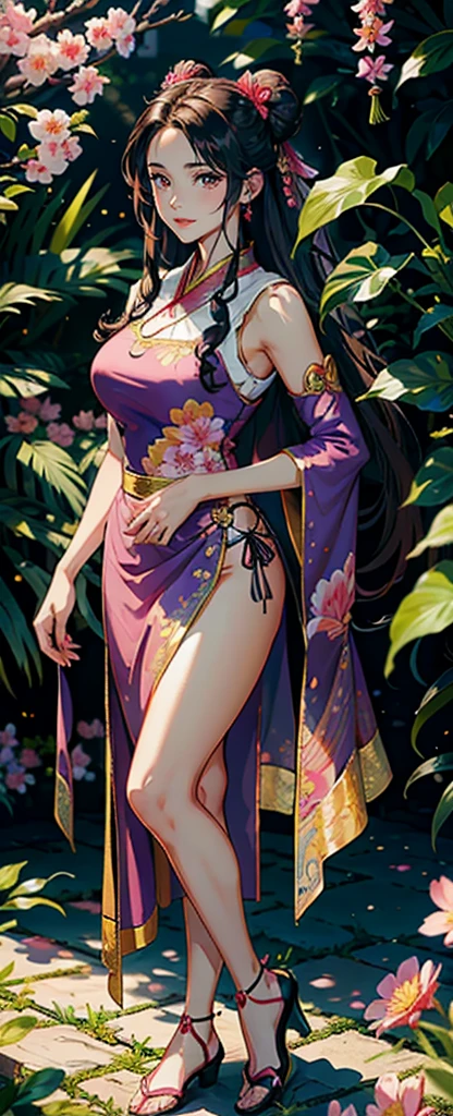 A beautiful Indonesian model with long, flowing hair and vibrant pink pink silk Chinese traditional dress, standing gracefully in a lush garden surrounded by colorful flowers, sakura blossoms, and butterflies. The model has detailed facial features including bright brown eyes, rosy lips, and an enchanting smile. The scene is rendered in a realistic, photorealistic style with acrylic painting medium, high resolution, and masterpiece quality. Additional details include the model's intricate hair accessories, soft pastel-colored shading, and a fairytale-like background, Double hair buns, sailor moon hair style.