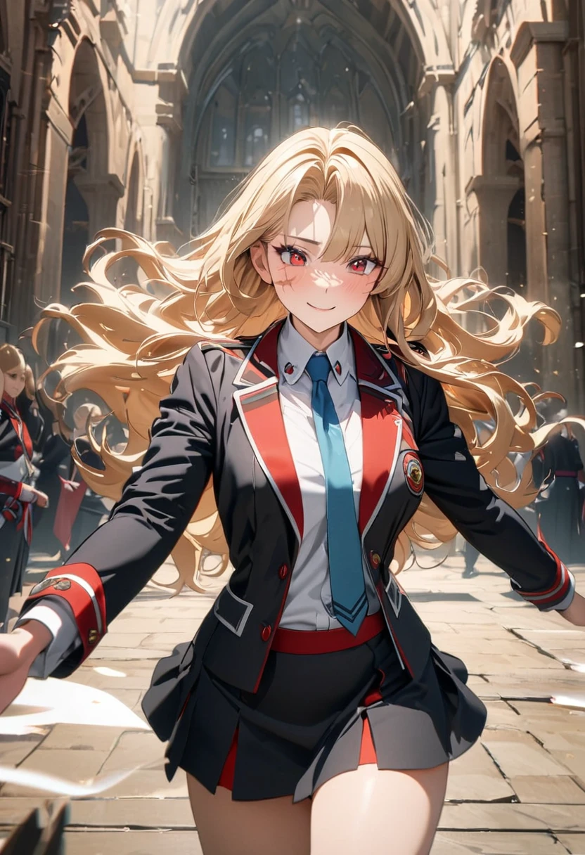 Blonde long hair bunches, red pupil, He carries a neck on his back. wooden blade, Kendo Suit, A body-revealing suit, skirt, Big, large pelvis, Numerous scars, Spinning Kick Posture, sunlights, School Background
