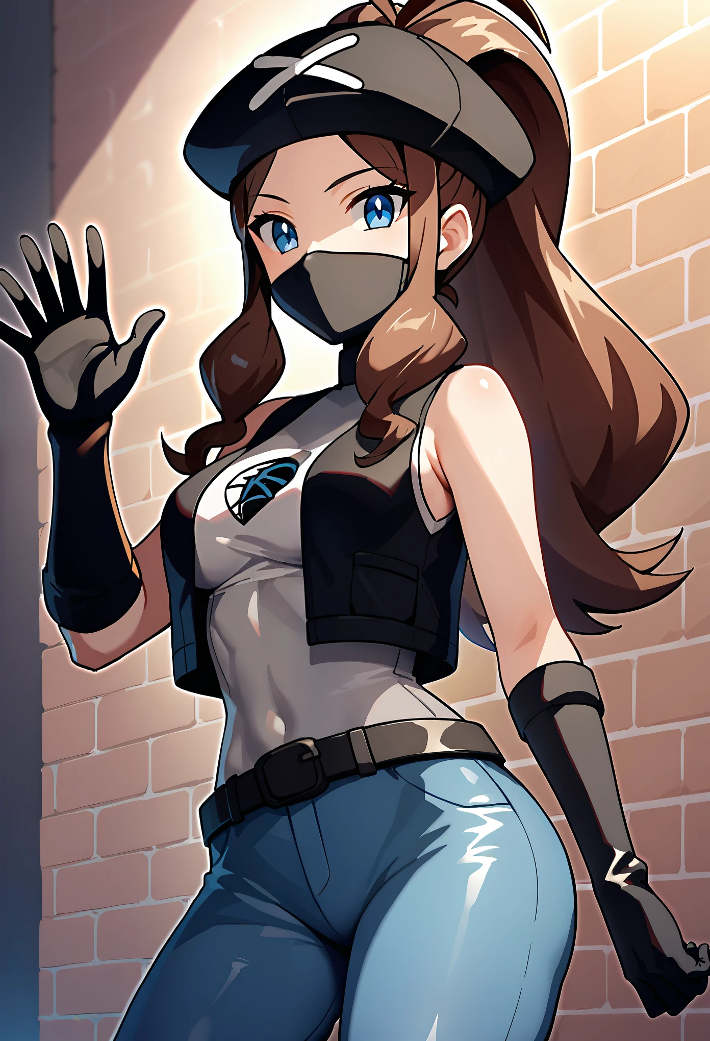 score_9, score_8_up, score_7_up, score_6_up, source_anime, 1girl, solo, ((pmpgrunt)),pokemonhilda, blue eyes, brown hair, long hair, ponytail, black beret, black mouth mask, black vest, grey bodysuit, black belt, black gloves, medium breasts, looking at viewer, (waving hand), empty eyes, mind control, happy trance,((soft eyes)), legs,cowboy shot,brick wall