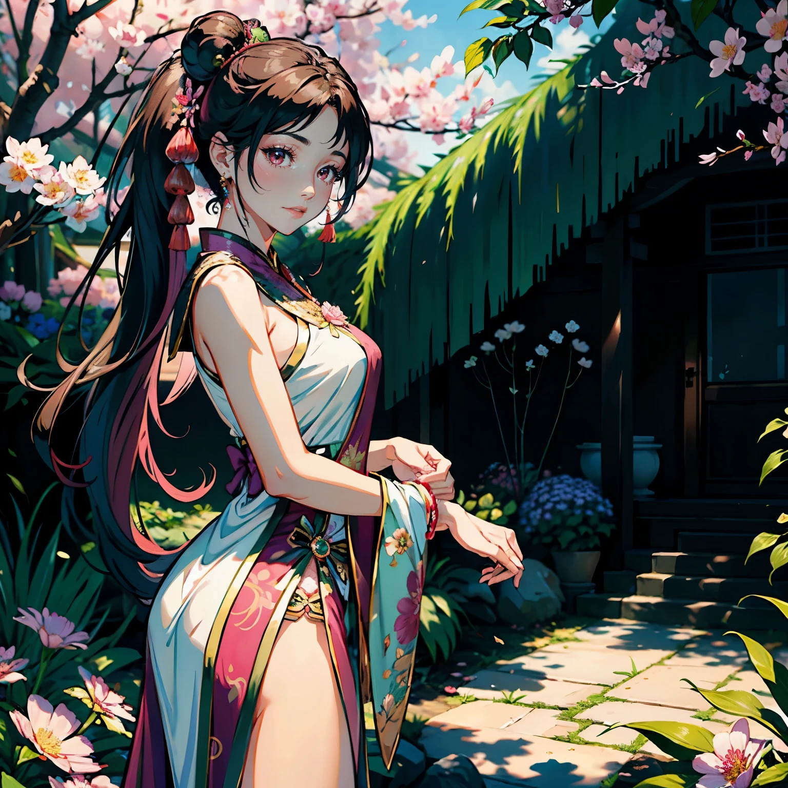 A beautiful Indonesian model with long, flowing hair and vibrant pink pink silk Chinese traditional dress, standing gracefully in a lush garden surrounded by colorful flowers, sakura blossoms, and butterflies. The model has detailed facial features including bright brown eyes, rosy lips, and an enchanting smile. The scene is rendered in a realistic, photorealistic style with acrylic painting medium, high resolution, and masterpiece quality. Additional details include the model's intricate hair accessories, soft pastel-colored shading, and a fairytale-like background, Double hair buns, sailor moon hair style.