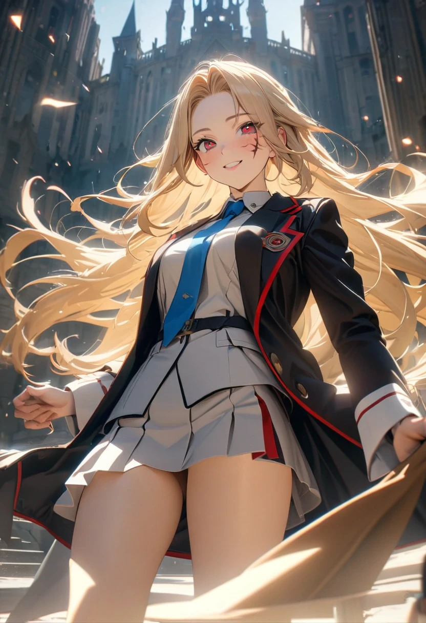 (Alone), Blonde, bangs, Mane hair ,  long hair in the castle,  Matted Hair , Scattering,  black scar on face ,  facial scar expressive hair,  very happy face , mature,(25 years old),  red eyes, ((female)), beautiful 소녀, blue tie , beautiful, Eye Reflections , Depth , masterpiece, 8k,  ultra high definition, High quality 상세정보,  premium quality,  high res, High quality, Ultra Detailed , masterpiece, 8k,  animation coloring, White ,  short skirt, Magic School, very close , walk