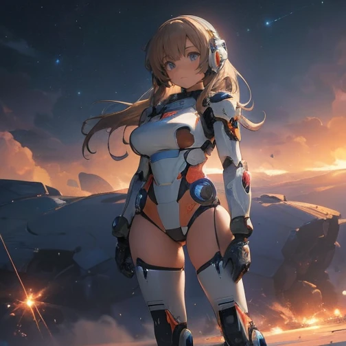 solo, alone, mecha musume, mechanical parts, robot joints, single mechanical arm, headgear, mechanical halo, star halo, intricate mechanical bodysuit, mecha corset, full body, hair between eyes, glowing eye, eye trail, pond, starry sky, skyline ((gigantic boobs)) ((bare belly)) ((mecha lingerie)) ((orange hair))