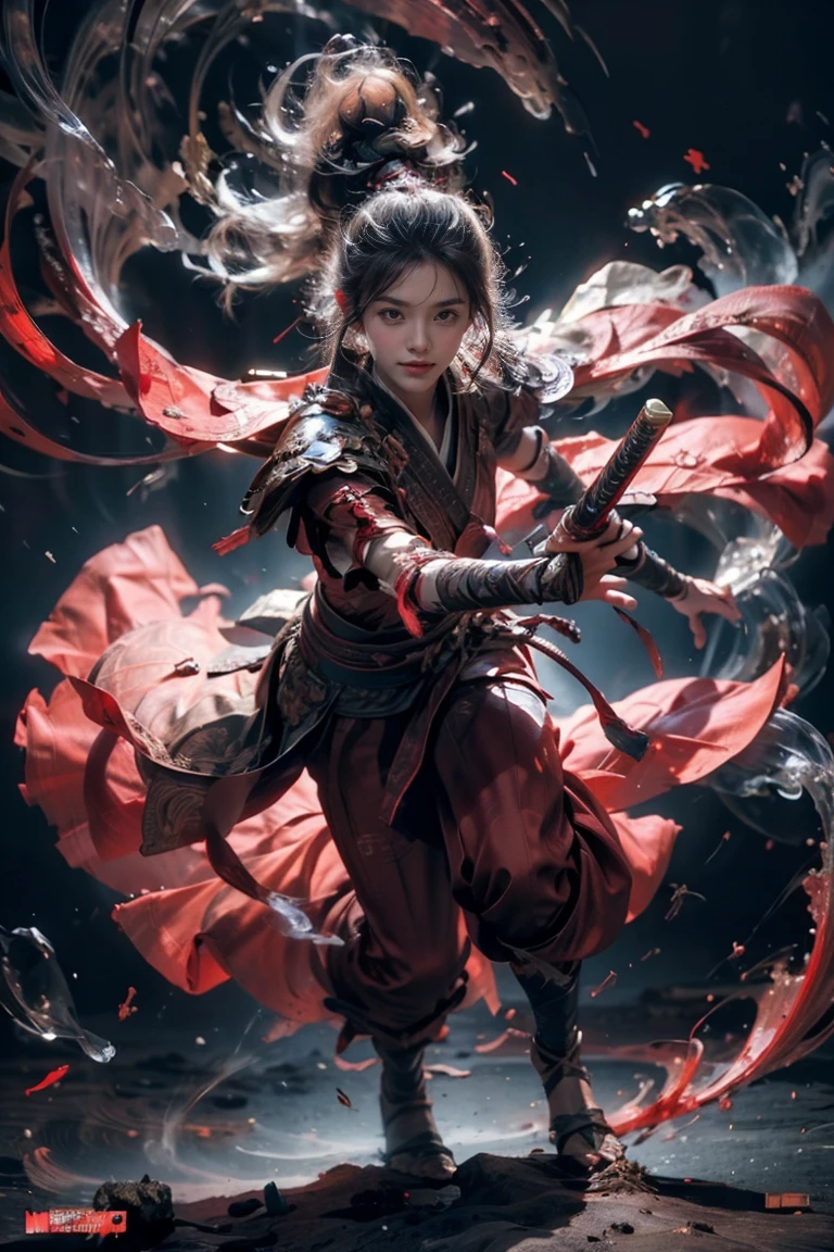 masterpiece，16K， high quality，artwork，Wu Hun ， 1 girl at home，Red Theme，smoke， floating weapon ，， Bright Lights， bright background ， sweet face ，Delicate face，Vivid texture， pictures taken with a Sony camera， movie lights from the waist，Full body nymphomaniac,  close-up ,  looks at the viewer 