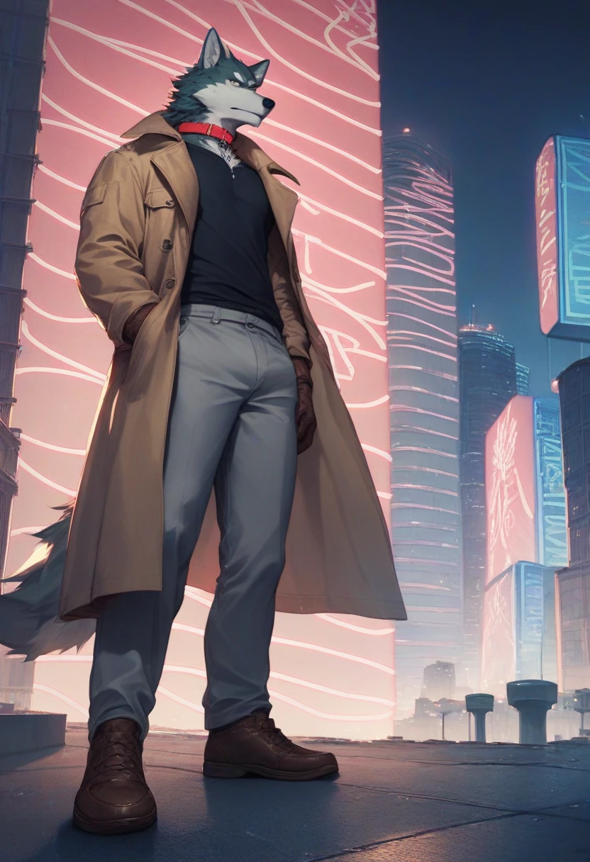 score_9, score_8_up, score_7_up, shirou ogami, wolf anthro, trenchcoat, black shirt, collar, gloves, grey pants, brown shoes, red cock standing on top of building, rooftop, detailed background, neon lights, city