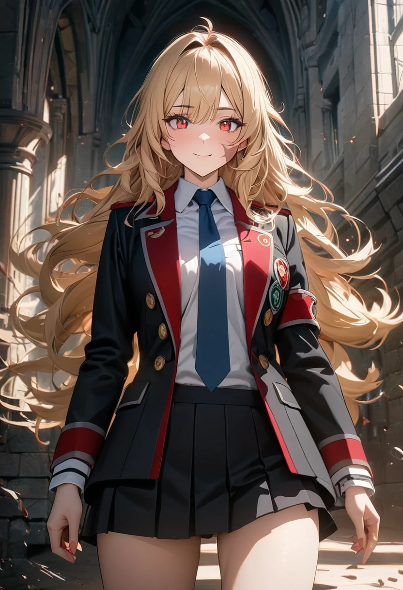 (Alone), Blonde, bangs, Mane hair ,  long hair in the castle,  Matted Hair , Scattering,  black scar on face ,  facial scar expressive hair, happy face, mature,(25 years old),  red eyes, ((female)), beautiful 소녀, blue tie , beautiful, Eye Reflections , Depth , masterpiece, 8k,  ultra high definition, High quality 상세정보,  premium quality,  high res, High quality, Ultra Detailed , masterpiece, 8k,  animation coloring, White ,  short skirt, Magic School, Body shot 