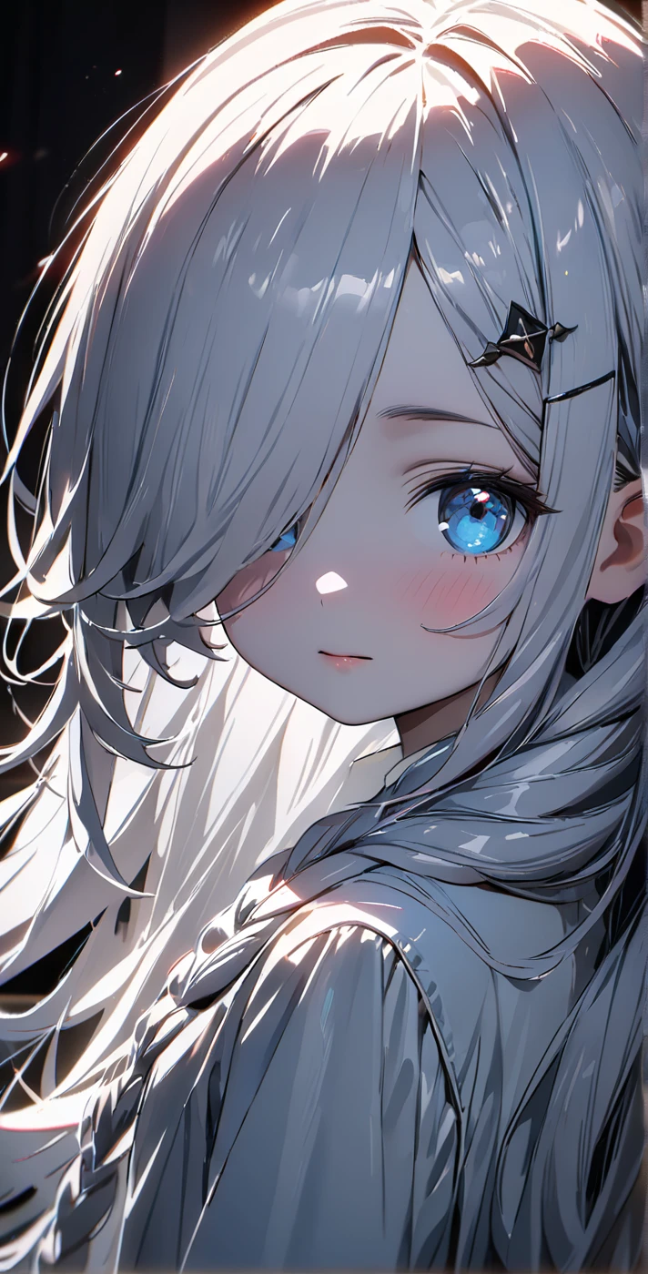 (masterpiece, high quality, high detail, 4k, rtx, high resolution,perfect lighting, ray tracing:1.2), 1girl, cute_face,aged_down, blue_streaked_hair,hair_over_one_eye, blue_eyes,high detailed eyes, very long hair,braid,white hair_ornament,white skin,black nail_polish, solo