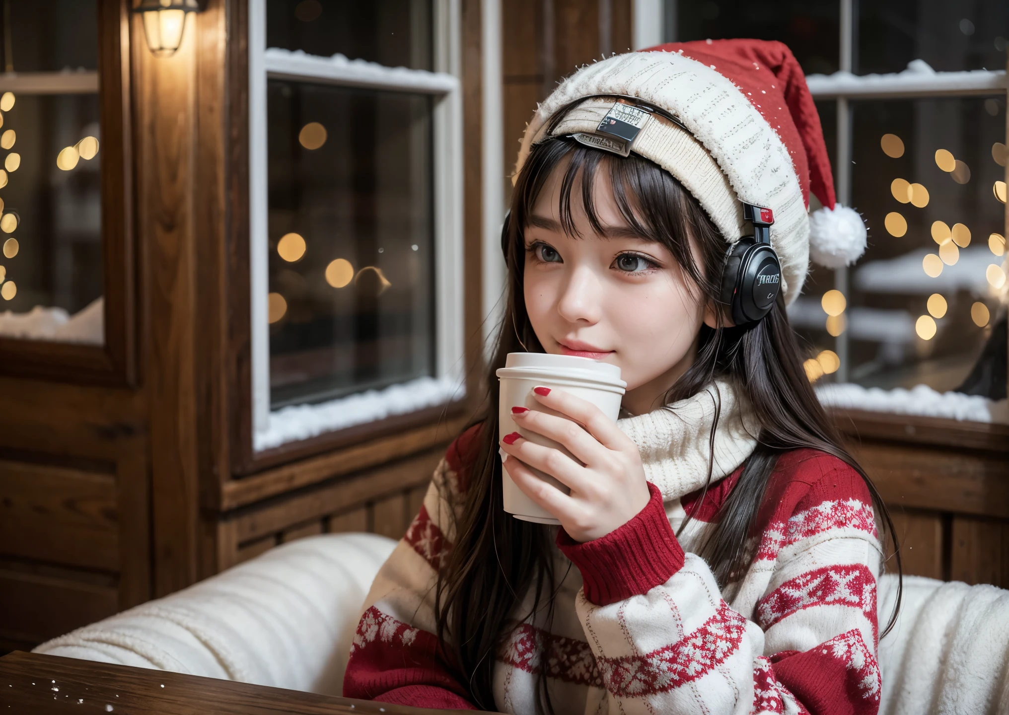  (8k, RAW photo, best quality, masterpiece:1.3), (realistic, photo-realistic:1.4), (extremely detailed 8k wallpaper), sharp focus, depth of field,
 Japanese idol,extremely cute,(baby face:1.2),(coat: 1.3),(long hair and straight hair :1.3 ), upper half of the body, extremely detailed face and eyes,(shiny skin:1.2),cinematic lighting, soft light, blur background, bokeh , ( dynamic pose:1.3), (a cafe in the winter with snow falling outside and a warm fire inside)