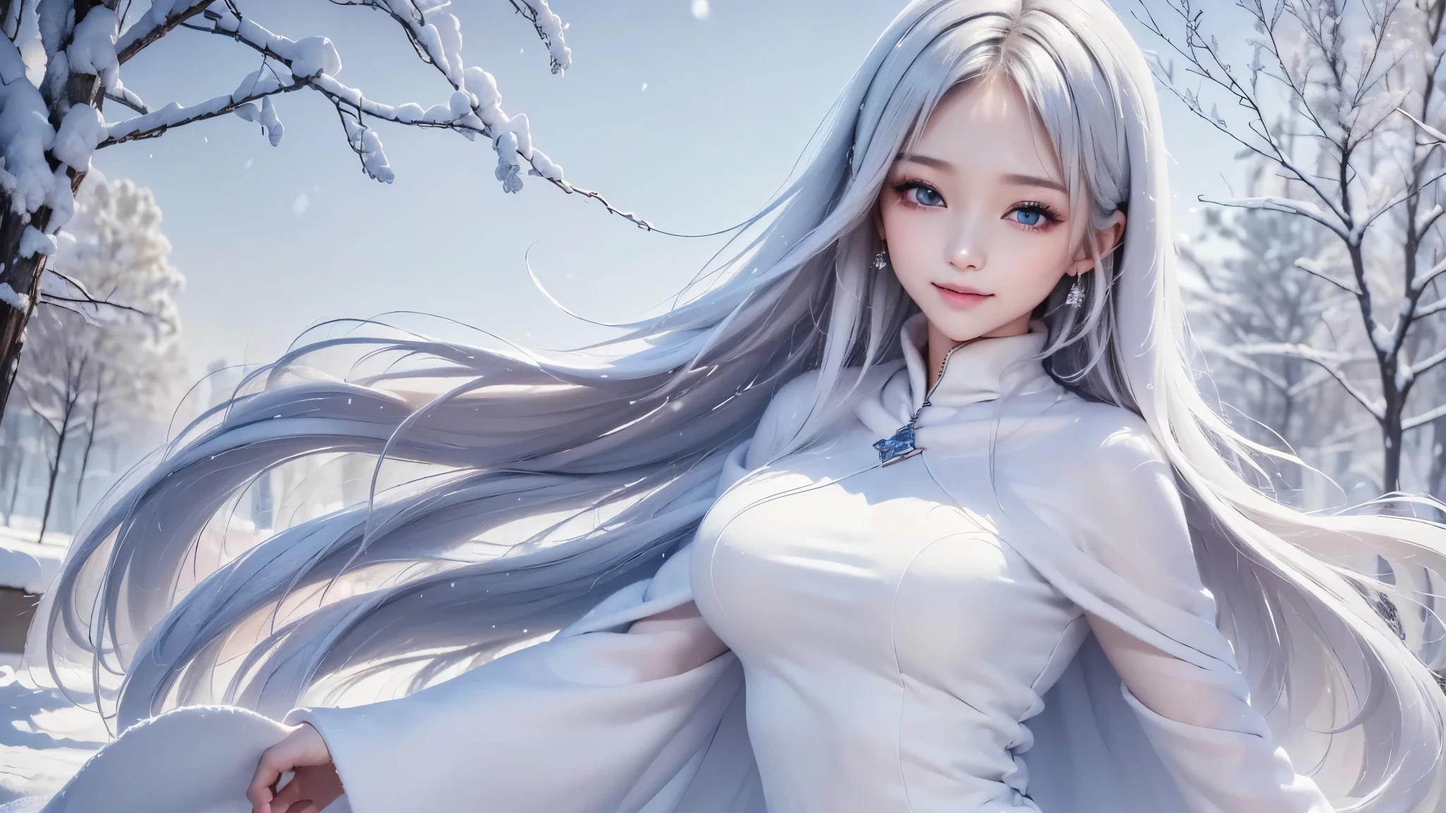 2.8D illustration, ((masterpiece:1.5、8k、Portraiture、フォトリアリスティックでVery detailedなCG、Very detailed、Particle Effects、Dynamic Effects、Shallow depth of field、Cinematic Light、Lens flare、Ray Tracing、Tabletop、Realistic:1.4、Ultra-high resolution:1.2、Realistic、Realistic))((alone、,A woman wearing a cashmere coat:1.4、Elegant woman posing、Detailed face:1.5、blue eyes、Ample breasts、Best Looks、Ultimate beauty、Shiny silver hair with highlights、bright and shiny hair,、Super long, Silky straight hair、Hair dancing in the wind))(morning、The setting is outdoors in the snow、Surrounded by illuminations). winter girl. face:sweet girl.
