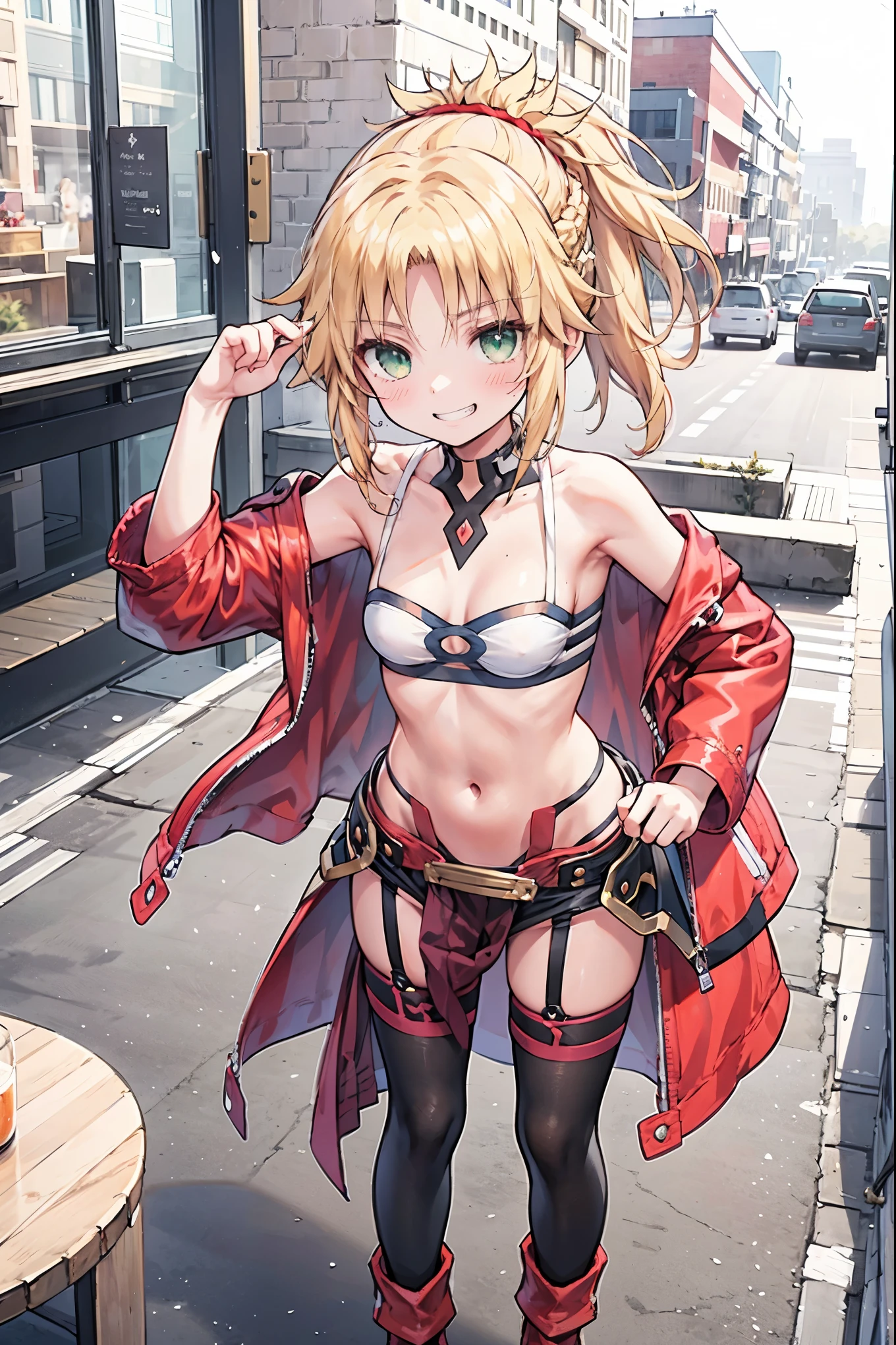 best quality, integrated scenery, integrated background, extremely delicate and beautiful, meticulous details, good composition, cute face, perfect face, perfect hands ,Masterpiece, Best Quality, illustration, city street, 1girl, Mordred \(fate\), collarbone, Detailed blond hair ponytail braid, green eyes,, White tubetop ,pelvic_curtain,navel,thigh-high,grin,(covered_nipples:0.6),skiny,big_smile,solo,boots,thigh-highs,groin