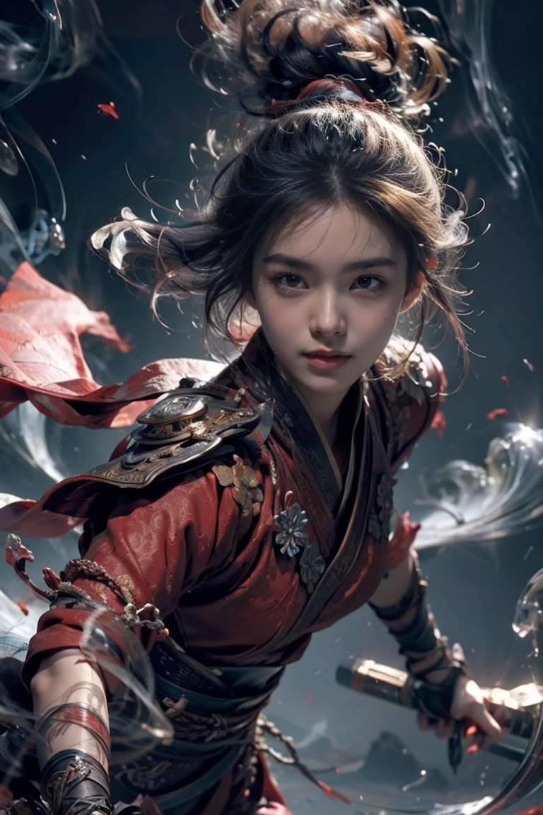 masterpiece，16K， high quality，artwork，Wu Hun ， 1 girl at home，Red Theme，smoke， floating weapon ，， Bright Lights， bright background ， sweet face ，Delicate face，Vivid texture， pictures taken with a Sony camera， movie lights from the waist，Full body nymphomaniac,  close-up ,  looks at the viewer , Upper Body Close-up 