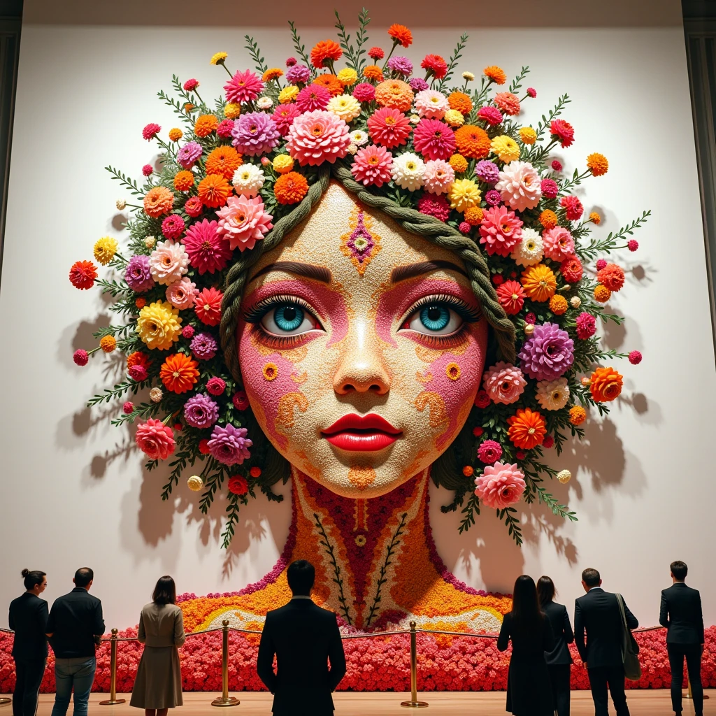  Beautiful Floral Splash depicted as a girl The whole girl is made of flowers ,  It's all Made in the Art Gallery on a large white wall fenced with red fiber and small gold-coated metal columns behind which people stand and look at a Work of Art,  Beautiful Flower Extravaganza woven girl on the wall Each flower is Unique ,  Very delightful and beautiful view ,  Intricate Detailed Work of Art , 8 k, masterpiece, many details, bright colors, A Rich Palette of Colors ,  better quality ,  Maximum quality , 16K,