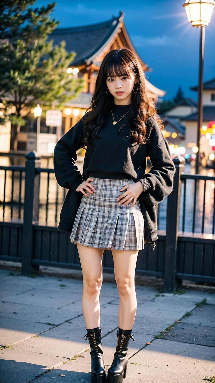 (8k、  RAW Photo from the Last Century 、Best Quality、masterpiece:1.2)、(Realistic、Realistic)、1 person、((Black knit、 GOLD ACCESSORIES、 black check mini skirt with hands on hips、  Big Breasts at the Temple 、 curly hair、Night Park、  is standing、 Platform boots 、  camera 、腰に手を当て  is standing、whole body )、cute