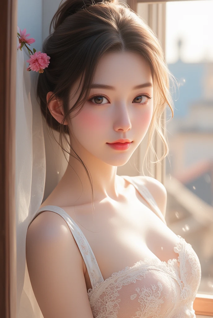 exquisite face，Elaborate Eyes，Sheer shirt open，Small breasts、no underwares、adolable，The upper part of the body、The mouth opens in an O-shape
