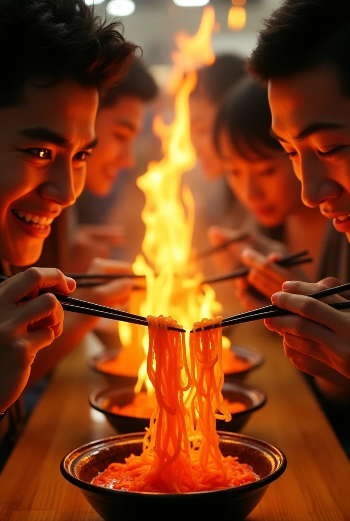 hyperrealistic photo of a 3 Malay man without clothes soaking in a large cauldron that is boiling at 100 degrees Celsius. Looks like a cauldron of boiling water being burned by fire, boiling smoke coming out of the cauldron on the background of a worn and old brick wall. The image is very detailed, clear and smooth