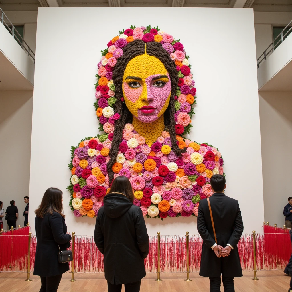  Beautiful Floral Splash depicted as a girl The whole girl is made of flowers ,  It's all Made in the Art Gallery on a large white wall fenced with red fiber and small gold-coated metal columns behind which people stand and look at a Work of Art,  Beautiful Flower Extravaganza woven girl on the wall Each flower is Unique ,  Very delightful and beautiful view ,  Intricate Detailed Work of Art , 8 k, masterpiece, many details, bright colors, A Rich Palette of Colors ,  better quality ,  Maximum quality , 16K,