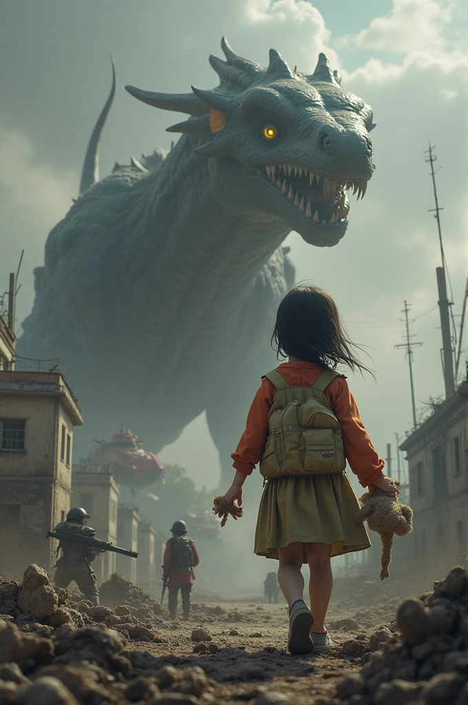 Japanese woman, mini skirt, looking at an atomic exposion, ( background: atomic explosion, jet fighters fighting a huge t-rex), anime, soft light, full color --auto --s2