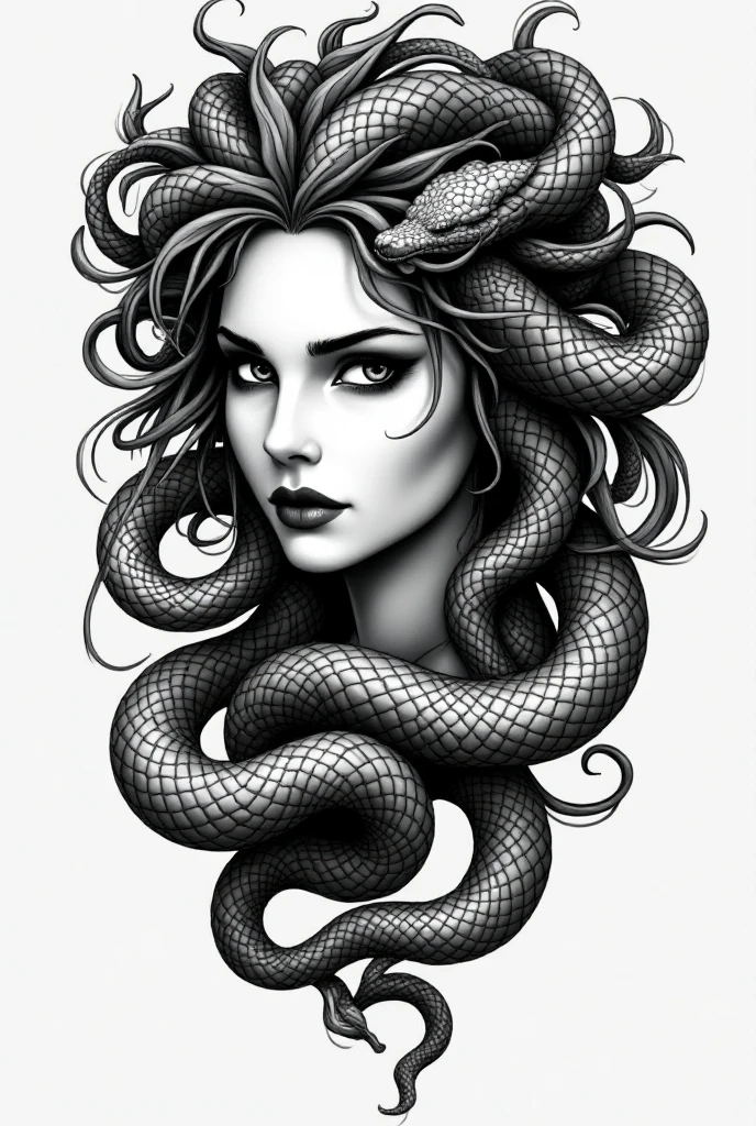 CREATE A TATTOO STYLE ILLUSTRATION OF A BLONDE WOMAN PLAYING WITH A SNAKE AND A PEN