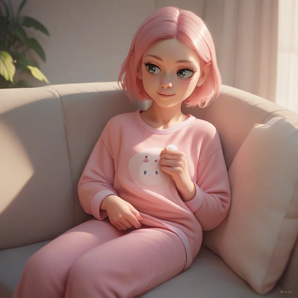  a girl,   sitting ON THE COUCH, with pink pajamas , sexy, Meilin Lee 