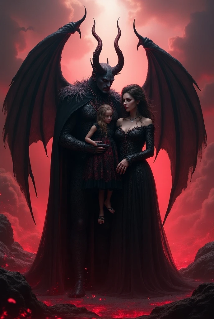 A matte digital oil painting of a silhouette of a demoness like a beautiful fallen angel, cradling a baby in her arms, with wide black leathery demon wings, high tonal contrast red tones, HDR, ethereal, heavy smoke tendrils rising from the fires of the underworld, centered, sharp focus, stunning textures and intricate detail by Darek Zabrocki, Carne Griffiths, Raymond Swanland, ZBrush, DeviantArt, Unreal Engine 5 Trending on Artstation.