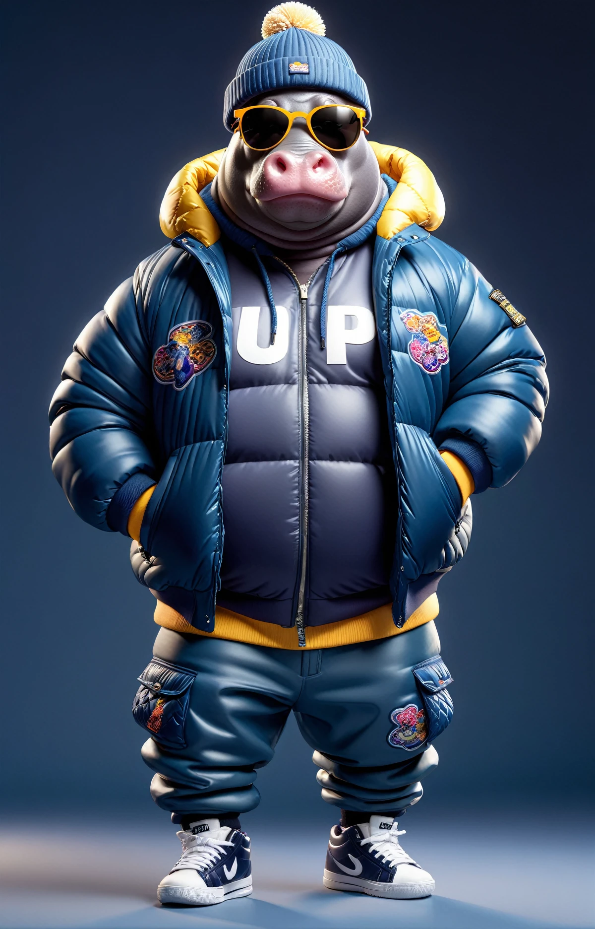 photorealistic portrait of Dressed animals - a ((fat)) (gorilla) hip hop dancer,(hands on hips:1.5), high quality,(lovely) ,intricate details, highly detailed ((hip hop fashion)) ,(wearing sunglasses:2.0), (cap, pants, sneakers),(wearing a jacket and hoodie) ,, wearing sunglasses, (happy), studio lighting,(full body image:1.5)