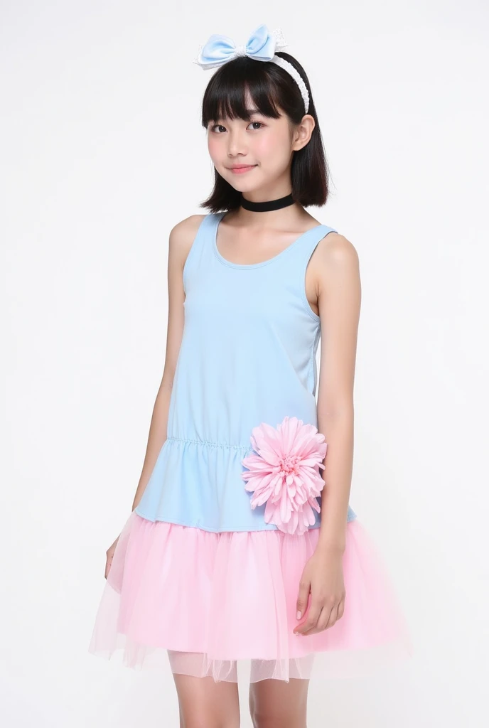 a young Asian girl stands against a stark white backdrop. She is dressed in a light blue sleeveless dress with a pink skirt. The skirt is adorned with a light pink flower, adding a touch of color to the scene. The girl's hair is styled in a sleek bob, with a white bow at the top of her head. She has a black choker around her neck. Her hair is pulled back in a ponytail, and she is wearing a white headband.