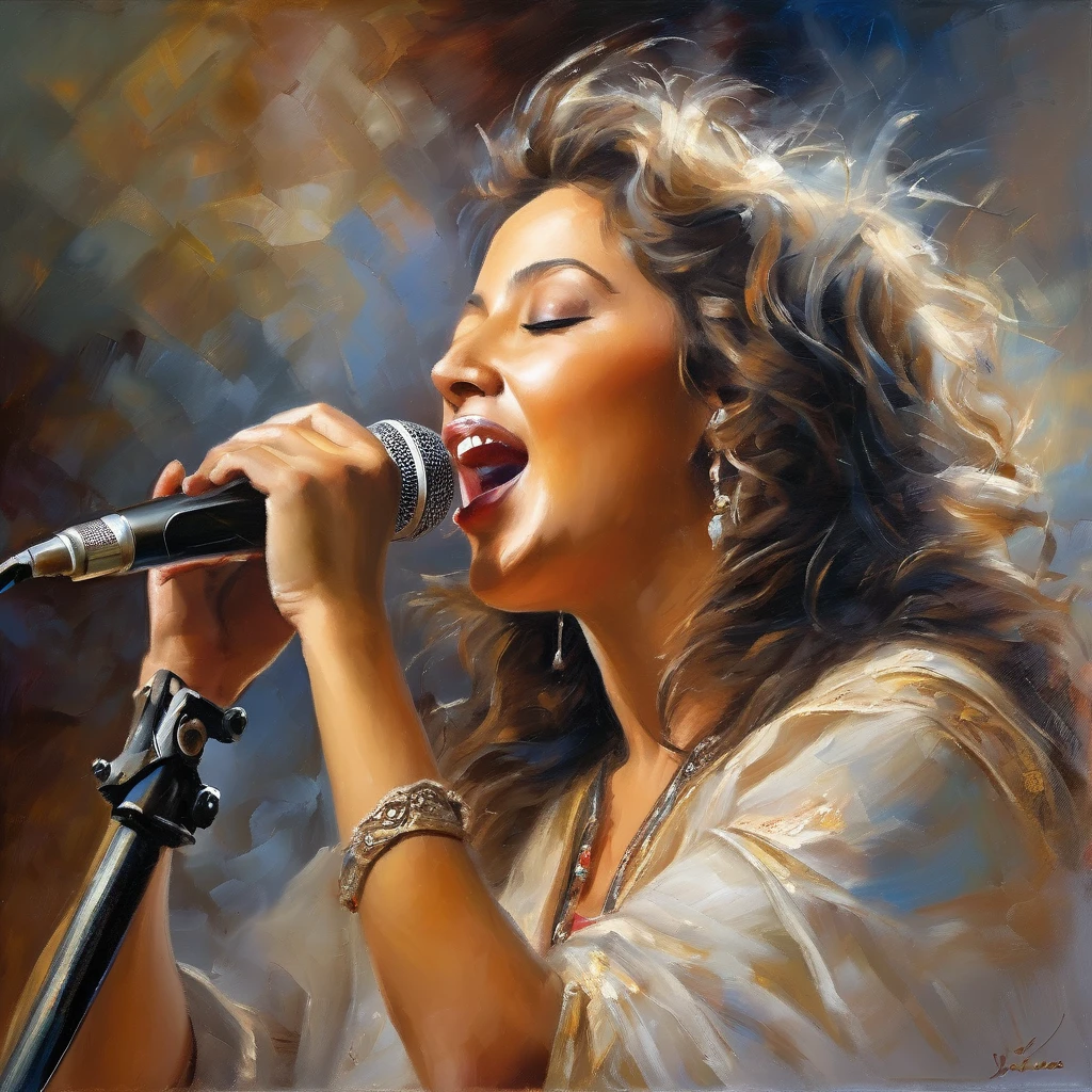 Singer singing for peace, singing voice that appeals to the hearts of mankind all over the world, exquisite facial expressions drawn in detail, Sfumato technique, oil painting, the finest, masterpiece