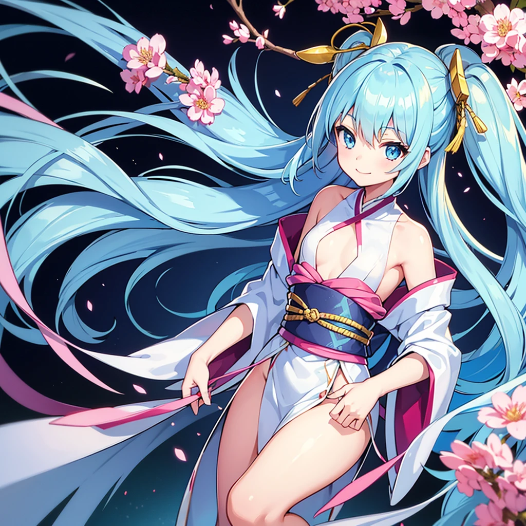 kimono, 1girl, solo, light blue hair, long hair, light blue eyes, flat chest, slim figure, smile, perfect anatomy