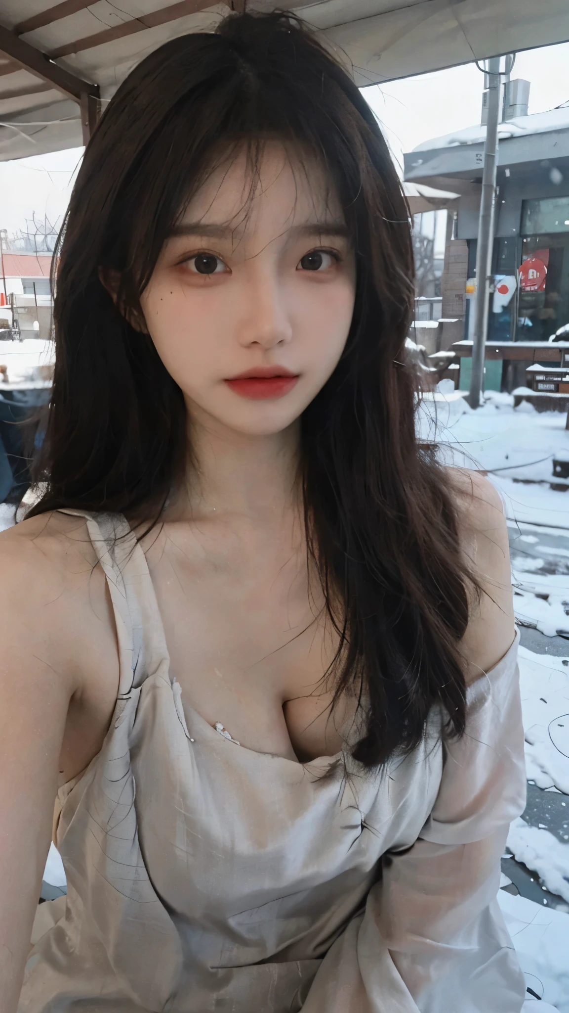 Photorealistic, high resolution, 1 Women, Solo, White lace underwear，Bare chest、Face the audience，delicated face，upper legs， beautidful eyes, White hair, ringed eyes, (outside，Heavy snowfall，Cloak，Cover with snow)，snowfield、Seductive breasts、huge tit、Detailed eyebrows、A detailed eye、Detailed lips、Detailed mouth、Seductive thighs、long whitr hair、Disheveled hair、Arms spread wide、