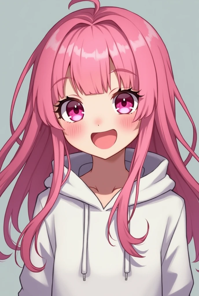  one girl playing pranks, Long Hair,  pink hair,  white skin,  [White hoodie,  Bright pink eyes , HDR, High image quality, Don't wear a hood, 