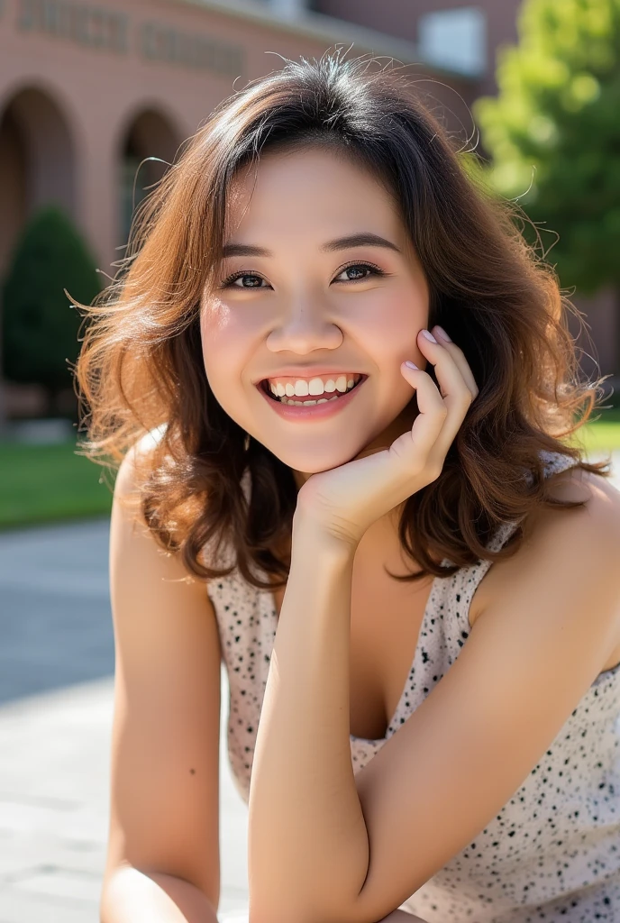 (On a table, Best quality, realistically, ultra - detailed, meticulous, A high resolution, 8k wallpaper), Close-up portrait of a beautiful woman, Love, Smiling, light brown messy hair, Perfect dynamic composition, Beautiful and meticulous eyes, Just like the cover of a fashion magazine, On campus