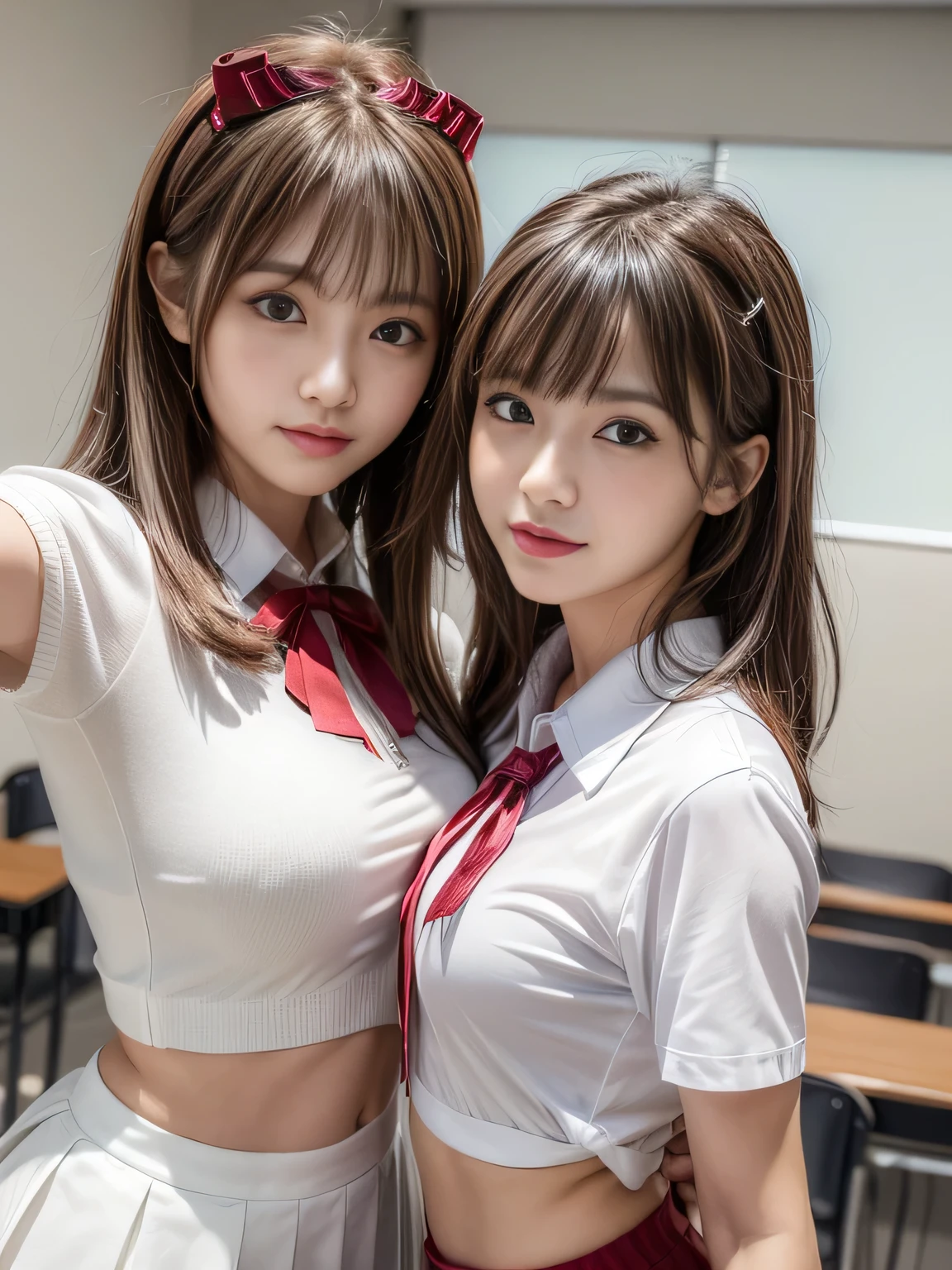 (2girl:1.3), Attractive 2 Japanese woman Pictures, Cute and sexy, masterpiece, best quality, ultra-detailed, intricately detailed hyperdetailed, realistic, sharp features, highly detailed, sharp focus, Realistic, Photorealistic:1.3, perfect face, perfect symmetrically eyes, perfect full lips, hyper detailed, hyper realistic, high resolution, Japanese idol, fascinate, Beautiful Face, ((school uniform, white collared short sleeve shirt, deep red ribbon)), light brown hair, Beautiful hairstyle, (peace sign:1.2), (armpit), (looking at viewer), blurred background, Well-rounded and pretty face, (seductive smile:1.2), (dynamic lighting), (selfie shot), highly detailed,