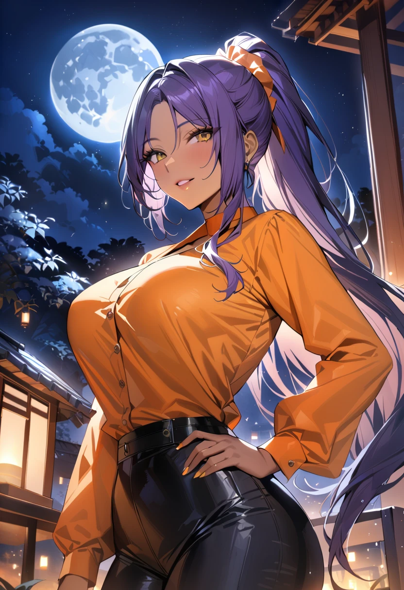 Yoruichi, outdoors, parted lips, full moon, yellow eyes, smile, night sky, long sleeves, long hair, purple hair, ponytail, dark-skinned female, parted bangs, dark skin, pants, 1girl, thighs, large breasts, orange shirt, looking at viewer,hand on hip
,best quality, masterpiece,