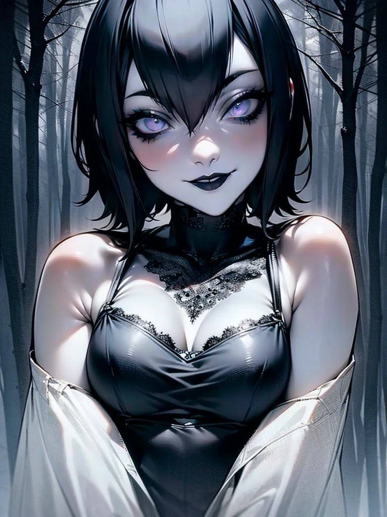 Mavis,  full body , black lipstick, Gothic, Dark autumn forests,  masterpiece , Detailed background,  text, intricate, detailed face, long eyelashes,  detailed eyes,, beautiful, sexy, Punky, Gothic,  upper body, medium Breasts,  upper body, smile, beautiful, beautiful