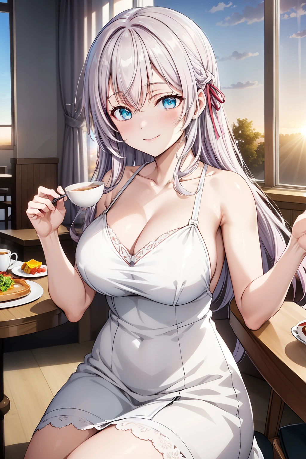 Alisa Kujou, 
(Sunrise:1.7), A girl sitting gracefully at a breakfast table, 22 years old, young woman, with beautiful fingers, a beautiful body, a beautiful nose, perfect eyes, a flawless face, and stunning character design. An anime girl with soft pink hair flowing down in loose waves, wearing an elegant, form-fitting white dress that clings to her figure, accentuating her silhouette. The dress has subtle lace details and a soft, elegant flow that complements her seated posture. She has deep blue eyes and a warm, inviting smile, with a slight blush on her cheeks. She is enjoying a delicious breakfast, delicately savoring the meal in front of her, with one hand gently holding a fork.

The background features a beautiful sunrise visible through a partially open window, with the first rays of the sun casting a golden glow into the room. The sky transitions from deep blues to warm oranges and pinks, illuminating the scene. The soft morning light gently bathes her figure, creating a serene, peaceful atmosphere as she enjoys her breakfast at the table. The table is set elegantly with a variety of breakfast dishes, adding a touch of warmth and comfort to the scene.

The lighting is perfect, with the early sunlight highlighting her figure and enhancing the delicate details of her dress and surroundings. The scene is highly detailed, with vibrant colors, bokeh effects, and soft lens flares to emphasize the dreamy, romantic atmosphere. The final render is in ultra-high resolution (8K, HDR-10), with film grain for added texture. (beautiful_face:1.5), (elegant_white_dress:1.4), (narrow_waist:1.2), (bokeh:1.2), (sunrise_glow:1.3), (soft_morning_light:1.3), (vibrant_colors:1.2), (ultra_high_resolution:1.0), (film_grain:1.0), (romantic_atmosphere:1.2), (soft_glow:1.3), (delicious_breakfast:1.4), (seated_pose:1.3), (breakfast_table:1.2), (morning_sunlight:1.3)"
