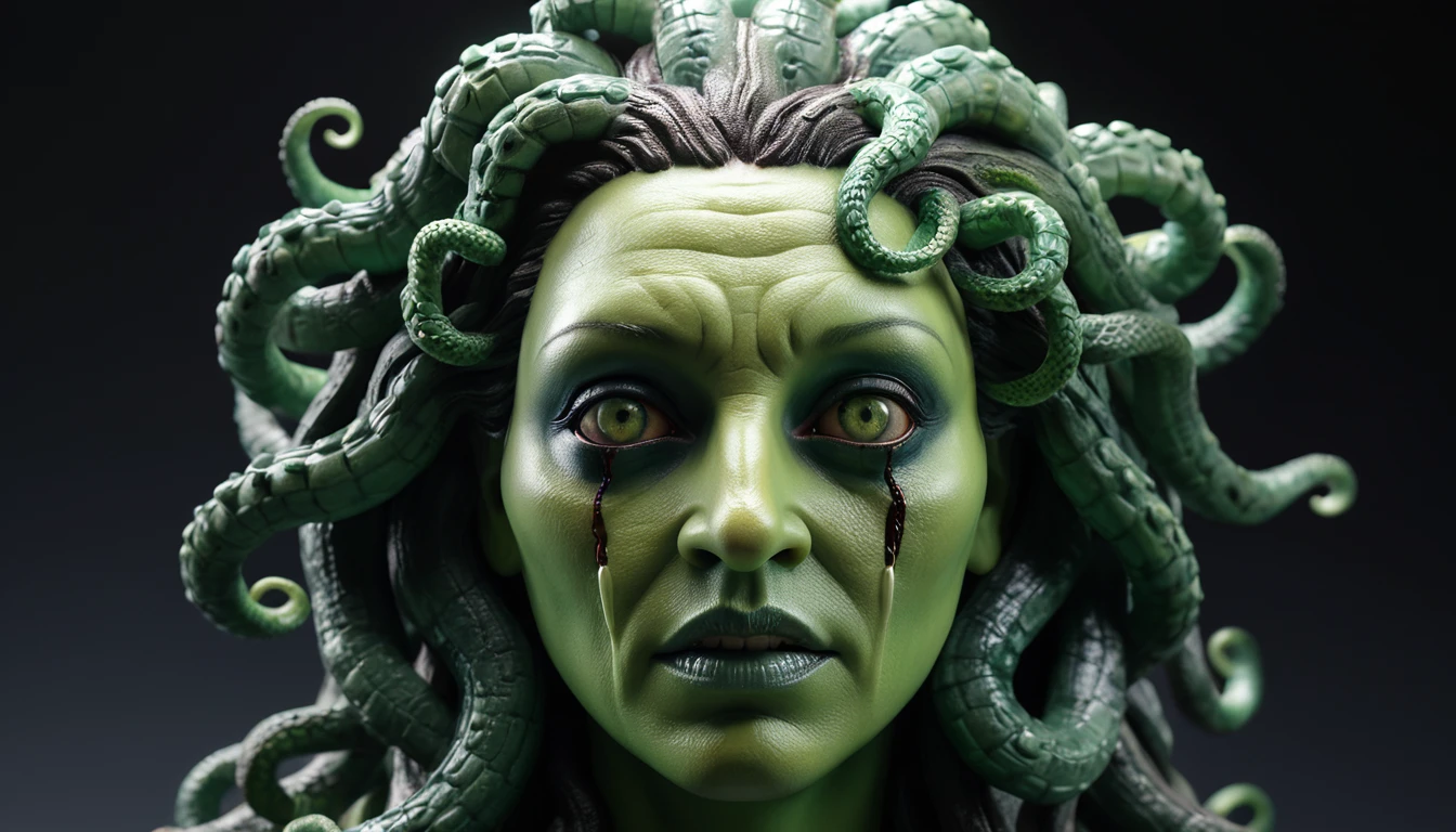 medusa, scary, frightening,  acidzlime gloomy, yinan, subsurface scattering, ultra hd, 4k, high def, Photorealistic, Hyperrealistic, Hyper detailed, analog style, realistic, masterpiece, best quality, ultra realistic, 8k, Intricate, High Detail, film photography, soft lighting,  heavy shadow