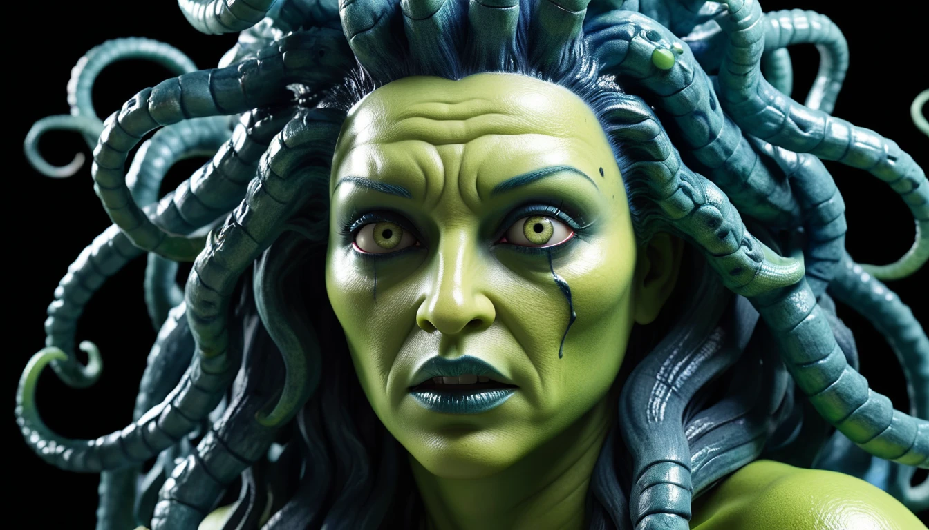 medusa, scary, frightening,  acidzlime gloomy, yinan, subsurface scattering, ultra hd, 4k, high def, Photorealistic, Hyperrealistic, Hyper detailed, analog style, realistic, masterpiece, best quality, ultra realistic, 8k, Intricate, High Detail, film photography, soft lighting,  heavy shadow