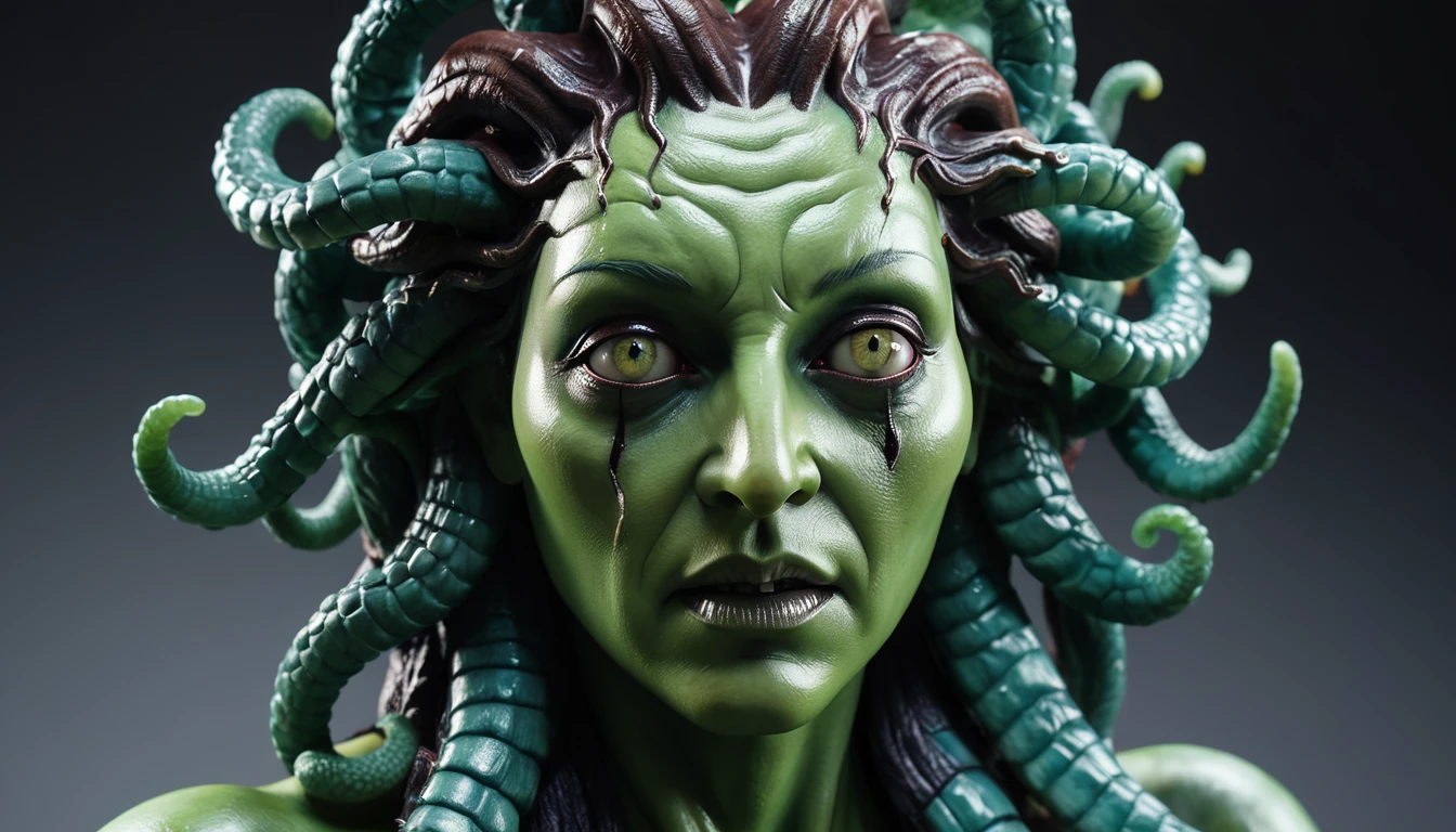 medusa, scary, frightening,  acidzlime gloomy, yinan, subsurface scattering, ultra hd, 4k, high def, Photorealistic, Hyperrealistic, Hyper detailed, analog style, realistic, masterpiece, best quality, ultra realistic, 8k, Intricate, High Detail, film photography, soft lighting,  heavy shadow