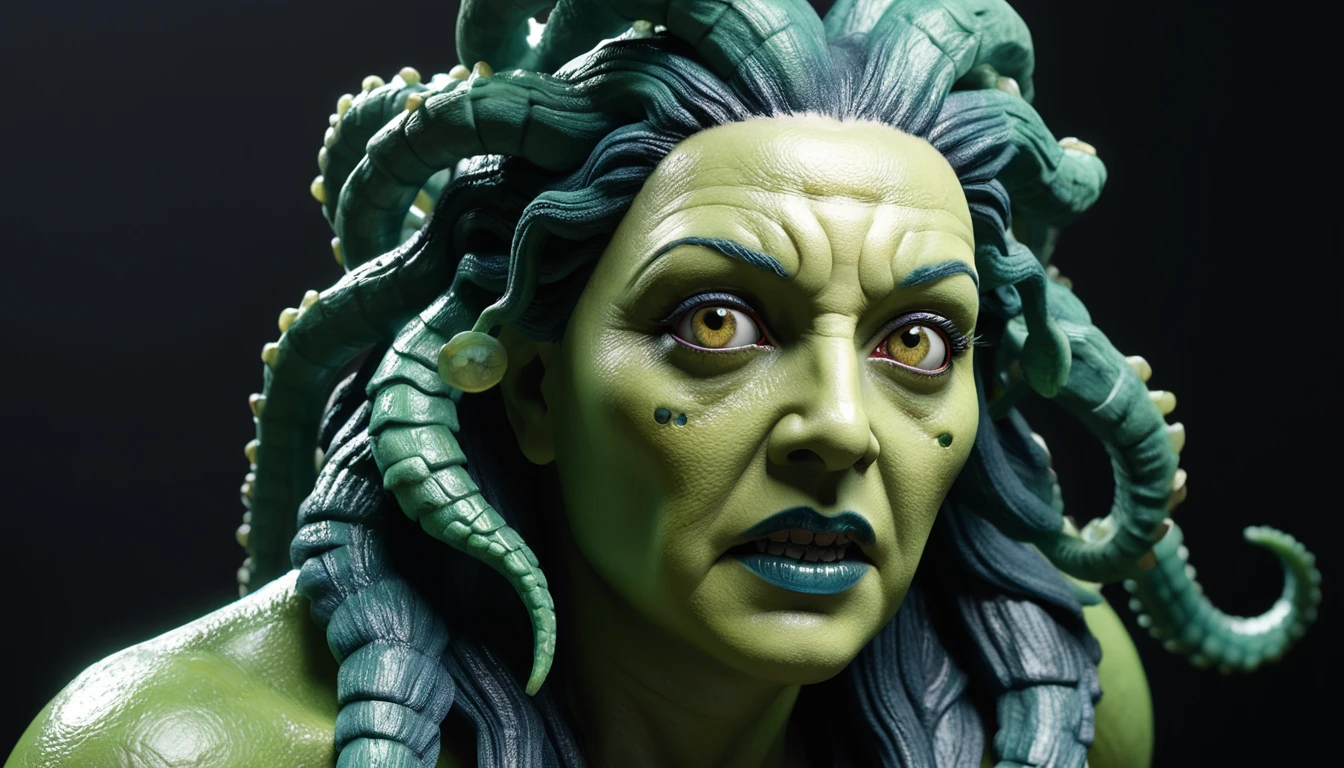 medusa, scary, frightening,  acidzlime gloomy, yinan, subsurface scattering, ultra hd, 4k, high def, Photorealistic, Hyperrealistic, Hyper detailed, analog style, realistic, masterpiece, best quality, ultra realistic, 8k, Intricate, High Detail, film photography, soft lighting,  heavy shadow