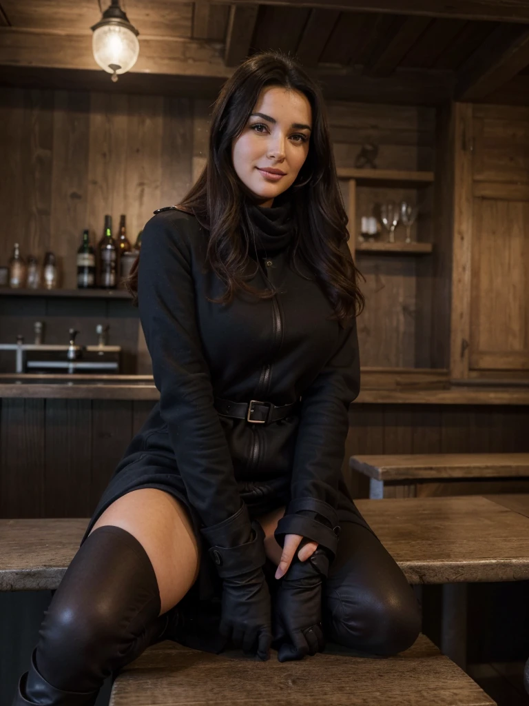 highres,realistic,ultra detailed,portrait,young,beautiful,labanese,girl,20 years old,big eyes,detailed facial features,long eyelashes,sharp beautiful nose,wavy black hair,natural makeup,fashionable attire,fit body,vivid colors,soft lighting,warm tones,rich skin texture,subtle shadows,natural environment,taking selfie,picture captured from top, cleavege, high angle selfie, wearing stockings, sexy curvy body, sexy pretty girl, beautiful face, sexy seductive model pose, sexy smirk, high angle selfie Ultra realistic girl glowing face beautiful face, wearing skin tight black leather leggings, fitted leather jacket zipped up, beautiful New York city, sitting in cafe, coffee in hand, public cafe, sexy smile, covered