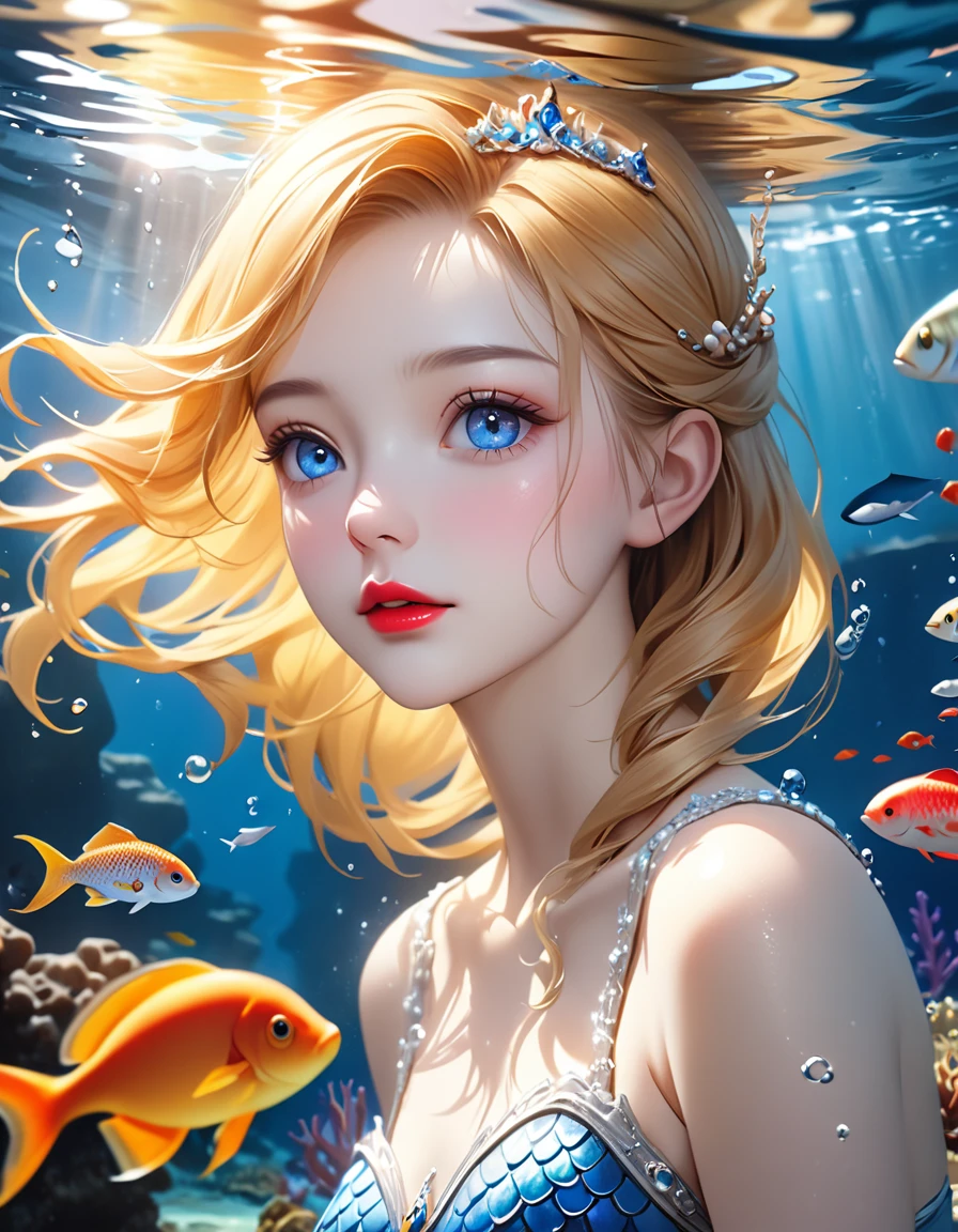 Photorealism 1:1 , extreme realistic, (best quality,4k,8k,highres,masterpiece:1.2),ultra-detailed,(realistic,photorealistic,photo-realistic:1.37) face andbody facing front ,beauty mermaid princess, detailed face, beautiful sapphire blue eyes, long eyelashes, delicate red lips, elegant shining yellow long hairstyle, shimmering scales, high detail flowing underwater hair, high detail sea creature as background, fantasy underwater scene, coral rocks, , vibrant colors, dramatic lighting, soft focus, ethereal atmosphere,8k, 1040x2400pixels