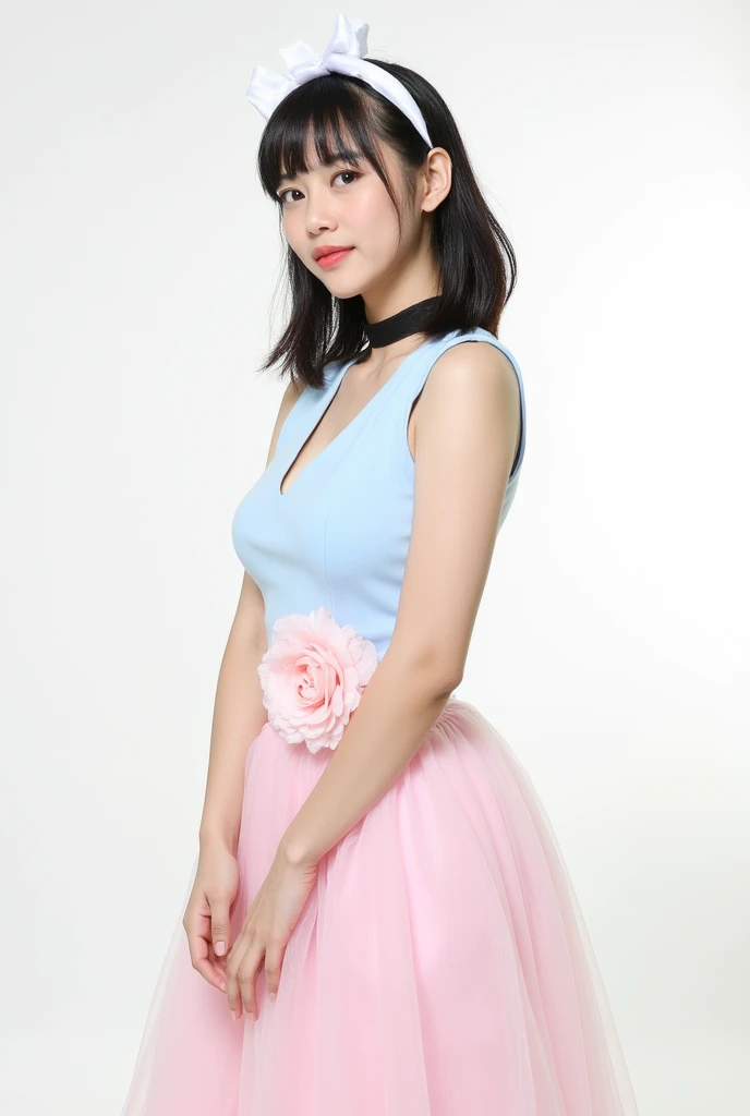 a young woman stands against a stark white backdrop. She is dressed in a light blue sleeveless dress with a pink skirt. The skirt is adorned with a light pink flower, adding a touch of color to the scene. The woman's hair is styled in a sleek bob, with a white bow at the top of her head. She has a black choker around her neck. Her hair is pulled back in a ponytail, and she is wearing a white headband.