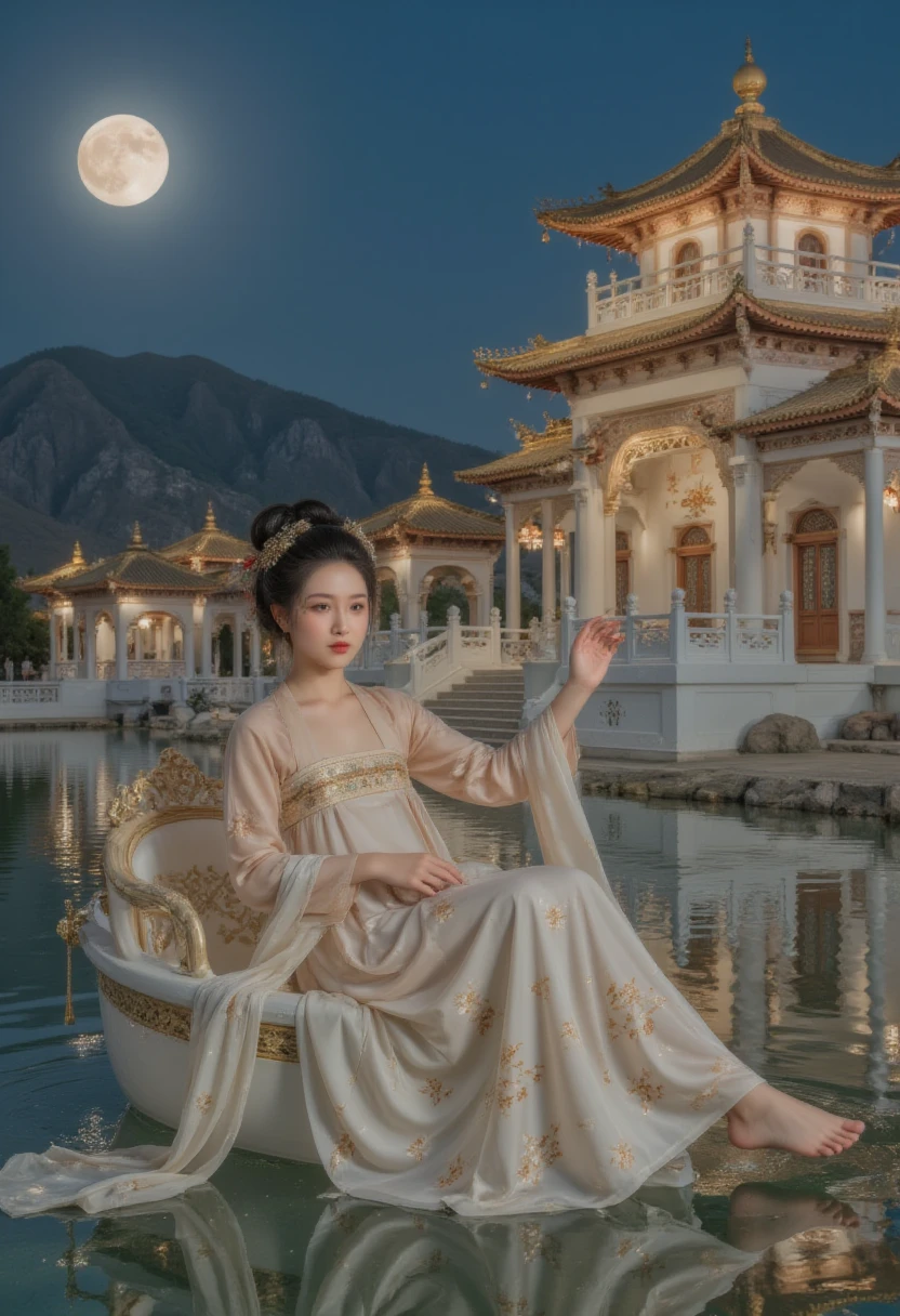 GGGJAAA ，Fabrication，Huadian  ，Hanfu， Magnificent architecture ，palace， ， east asian  ，  highest image quality 、Real images、 It's the best quality ,masterpiece,  highest image quality 、Real images、 middle,   An anime girl in a white dress floating a boat in the water，fantasy，Moon Goddess，美丽的fantasy女王,  author：J, Chinese fantasy，  young girl ， Queen Mu Yanling  ，Moon Goddess，Moon Goddess，  flowing magic robe  ，  Pretty Elf Wizard   , author：Cold plum, ((一位美丽的fantasy女皇))