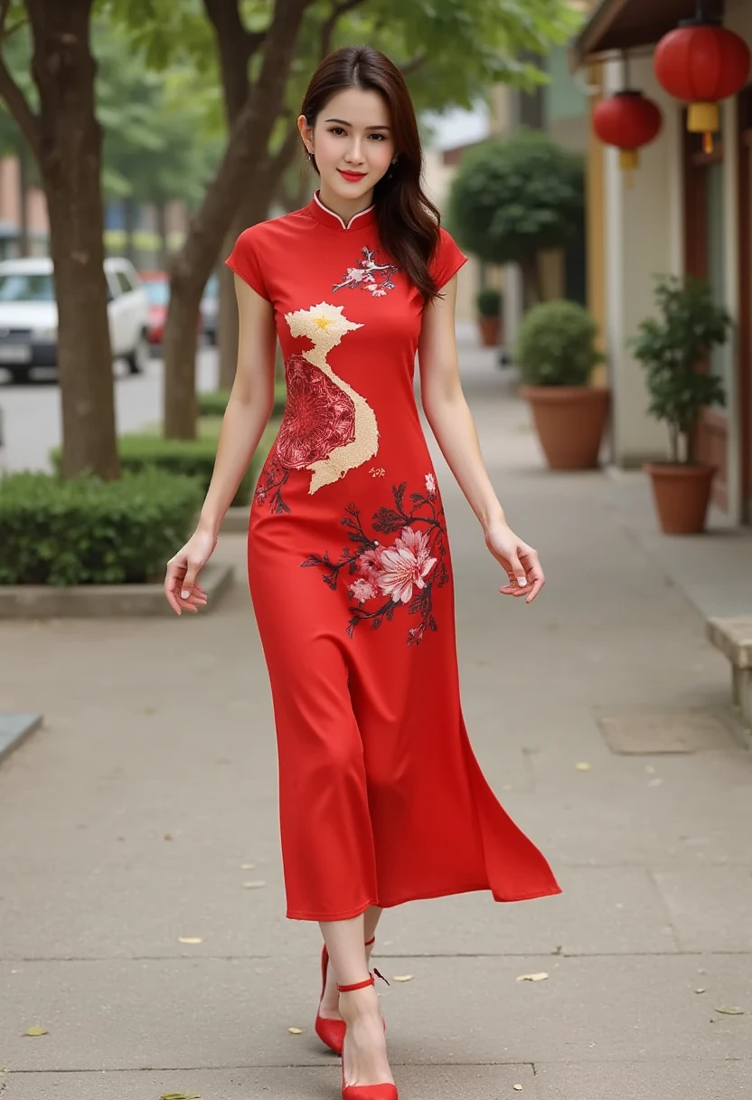 Vietnamese Ao Dai, lisamy, full body view, walking, on the shirt with lettering "20/11"