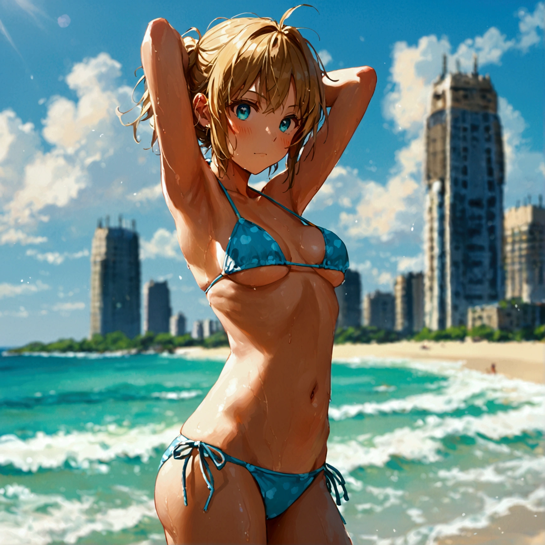 NSFW, (4+girls:1.5), (alternate athlete swimsuit pool), tanned skin, dark tanned skin, oil, abs:1.5, tan lines, dynamic poses, sexy interactions, girls playing beach volley, ball of beach volley, net, masterpiece, top quality, ultra high definition, highest resolution, very detailed, perfect face, professional lighting, clean skin, CG illustration, slender, very cute, young face, cleavage, lower breast, wet body, (breasts out:1.4), different hair colors, short hair, pixie haircut, semi-long hair, different hair cuts, hair ribbon, blush, navel, from below, wet body, (breasts out: 1.4), (plastic bag 1.2), transparent swimsuit, beach, sand, water, (wind: 1.3), girls playing behind, showing ass, black necklace choker