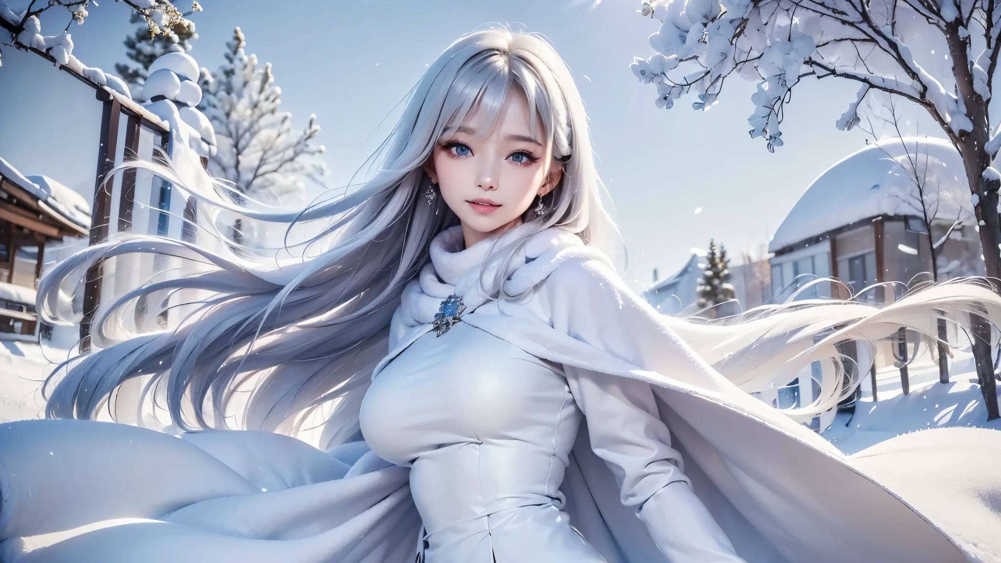 2.8D illustration, ((masterpiece:1.5、8k、Portraiture、フォトリアリスティックでVery detailedなCG、Very detailed、Particle Effects、Dynamic Effects、Shallow depth of field、Cinematic Light、Lens flare、Ray Tracing、Tabletop、Realistic:1.4、Ultra-high resolution:1.2、Realistic、Realistic))((alone、,A woman wearing a cashmere coat:1.4、Elegant woman posing、Detailed face:1.5、blue eyes、Ample breasts、Best Looks、Ultimate beauty、Shiny silver hair with highlights、bright and shiny hair,、Super long, Silky straight hair、Hair dancing in the wind))(morning、The setting is outdoors in the snow、Surrounded by illuminations). winter girl. face:sweet girl.
