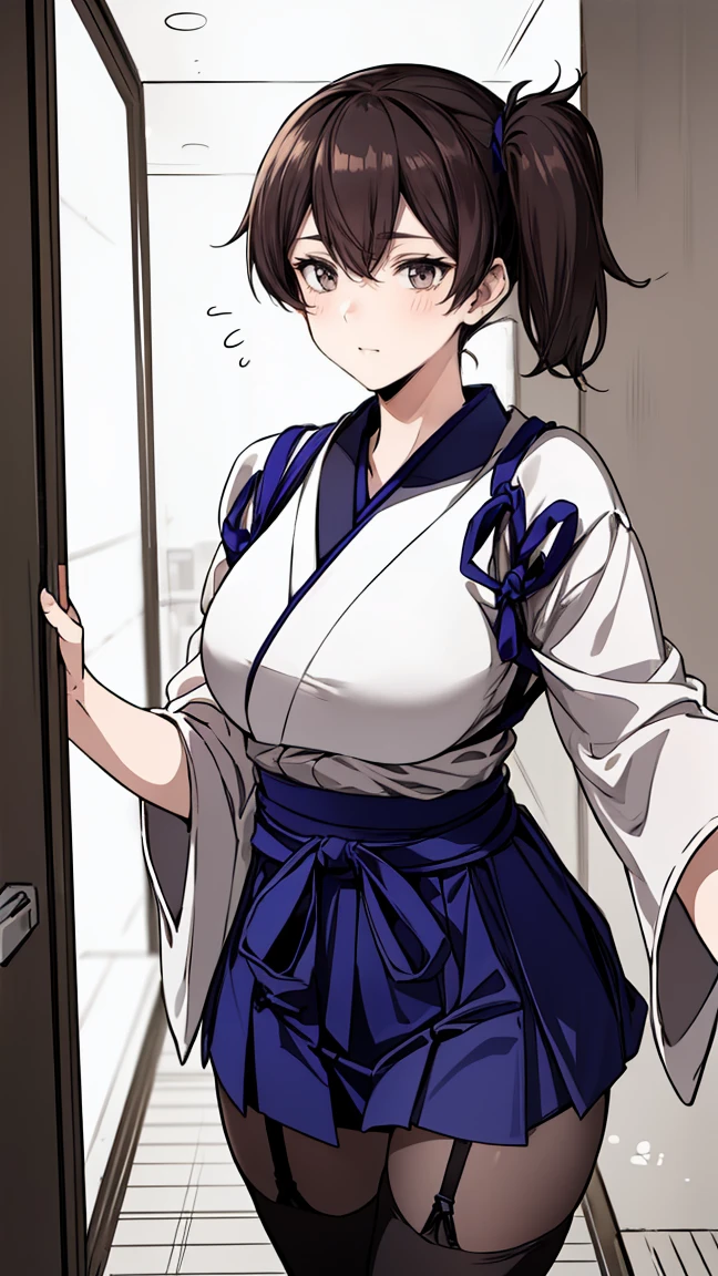 (score_9, score_8_up, score_7_up, score_6_up, score_5_up, score_4_up , anime coloring (masterpiece, highest quality) detailed, kaga (kancolle), {{kaga kai ni (kancolle)}}, side ponytail, brown eyes, black hair, Super sexy japanese clothes, blue hakama, hakama short skirt, 　，(zettai ryouiki black Net tights and garter belt) , A night view of Tokyo can be seen from the corridor of a high-rise apartment building. She lost her virginity and her cunt is bleeding