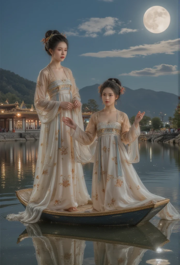 GGGJAAA ，Fabrication，Huadian  ，Hanfu， Magnificent architecture ，palace， ， east asian  ，  highest image quality 、Real images、 It's the best quality ,masterpiece,  highest image quality 、Real images、 middle,   An anime girl in a white dress floating a boat in the water，fantasy，Moon Goddess，美丽的fantasy女王,  author：J, Chinese fantasy，  young girl ， Queen Mu Yanling  ，Moon Goddess，Moon Goddess，  flowing magic robe  ，  Pretty Elf Wizard   , author：Cold plum, ((一位美丽的fantasy女皇))