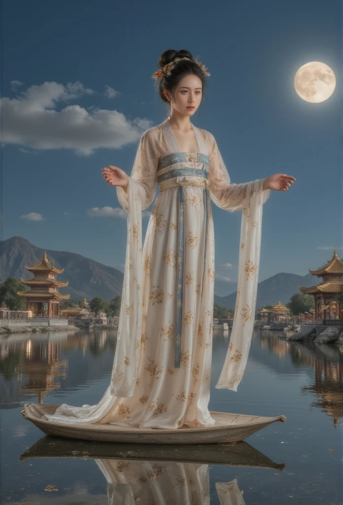 GGGJAAA ，Fabrication，Huadian  ，Hanfu， Magnificent architecture ，palace， ， east asian  ，  highest image quality 、Real images、 It's the best quality ,masterpiece,  highest image quality 、Real images、 middle,   An anime girl in a white dress floating a boat in the water，fantasy，Moon Goddess，美丽的fantasy女王,  author：J, Chinese fantasy，  young girl ， Queen Mu Yanling  ，Moon Goddess，Moon Goddess，  flowing magic robe  ，  Pretty Elf Wizard   , author：Cold plum, ((一位美丽的fantasy女皇))